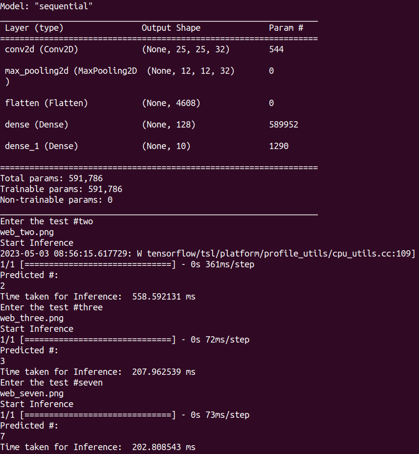 machine learning CNN model sequential max pooling dense and image inference against MNIST trained modem