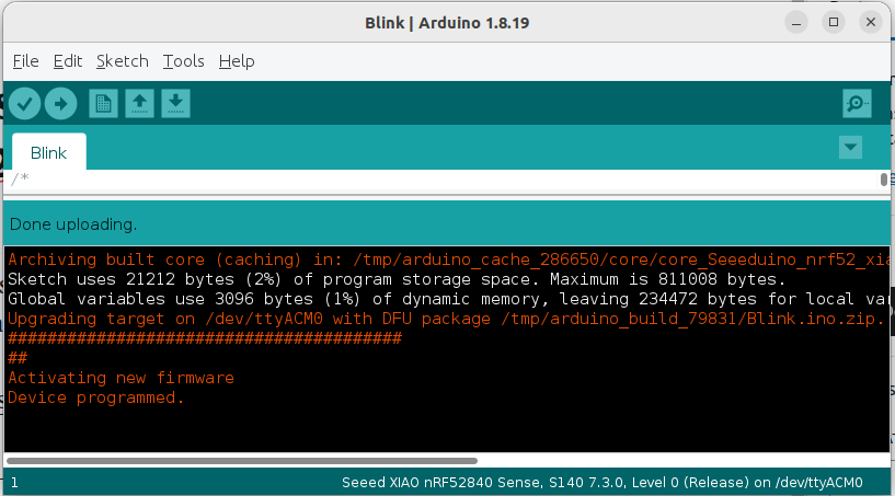 Arduino IDE showing success in compile and upload of our BLINK "Hello World" code to the nRFS52840 Sense board