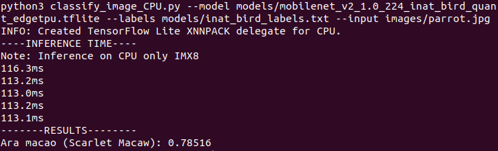 Edge CPU image classification inference time test MobileNet V2